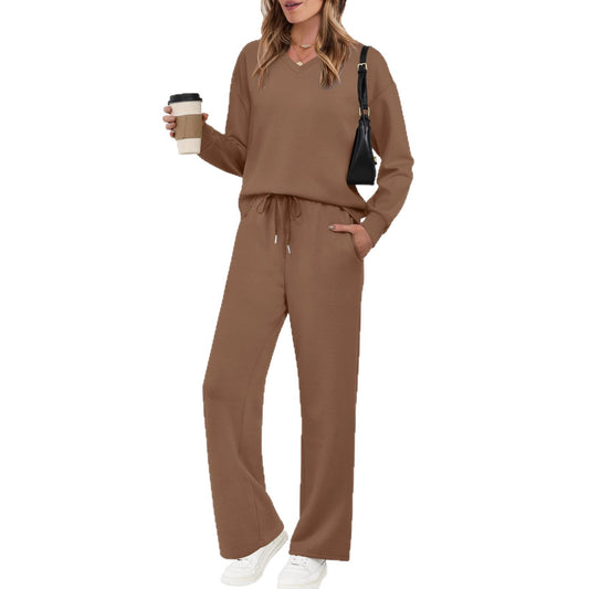 Long-sleeve Drawstring Solid-color Casual Pants Set