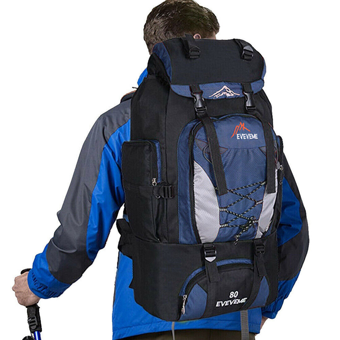 80L Extra Large Hiking Camping Backpack Rucksack Waterproof Travel Luggage Bag Blue