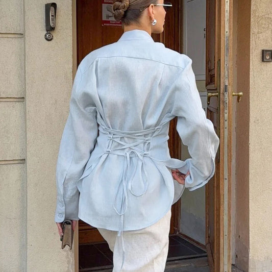 New Lace-up Waist Cotton And Linen Ribbon Shirt Women's Design Sense