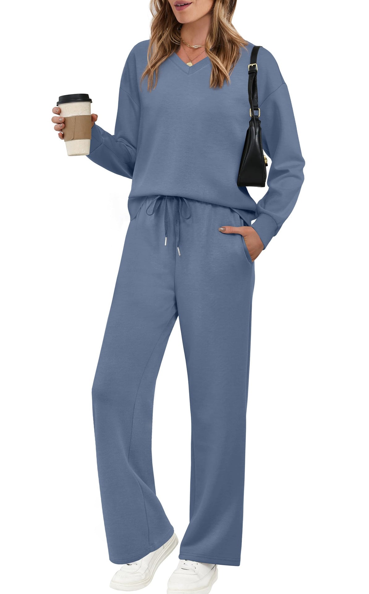 Long-sleeve Drawstring Solid-color Casual Pants Set