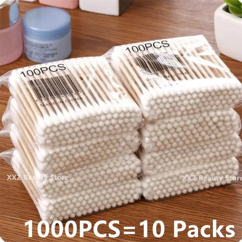100/1000pcs Unscented Cotton Swabs, Double-Headed, Wooden Stick, Makeup Removal & Cleaning Ear Cotton Swabs