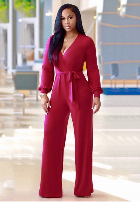 Long Sleeve Solid Jumpsuit With Belt