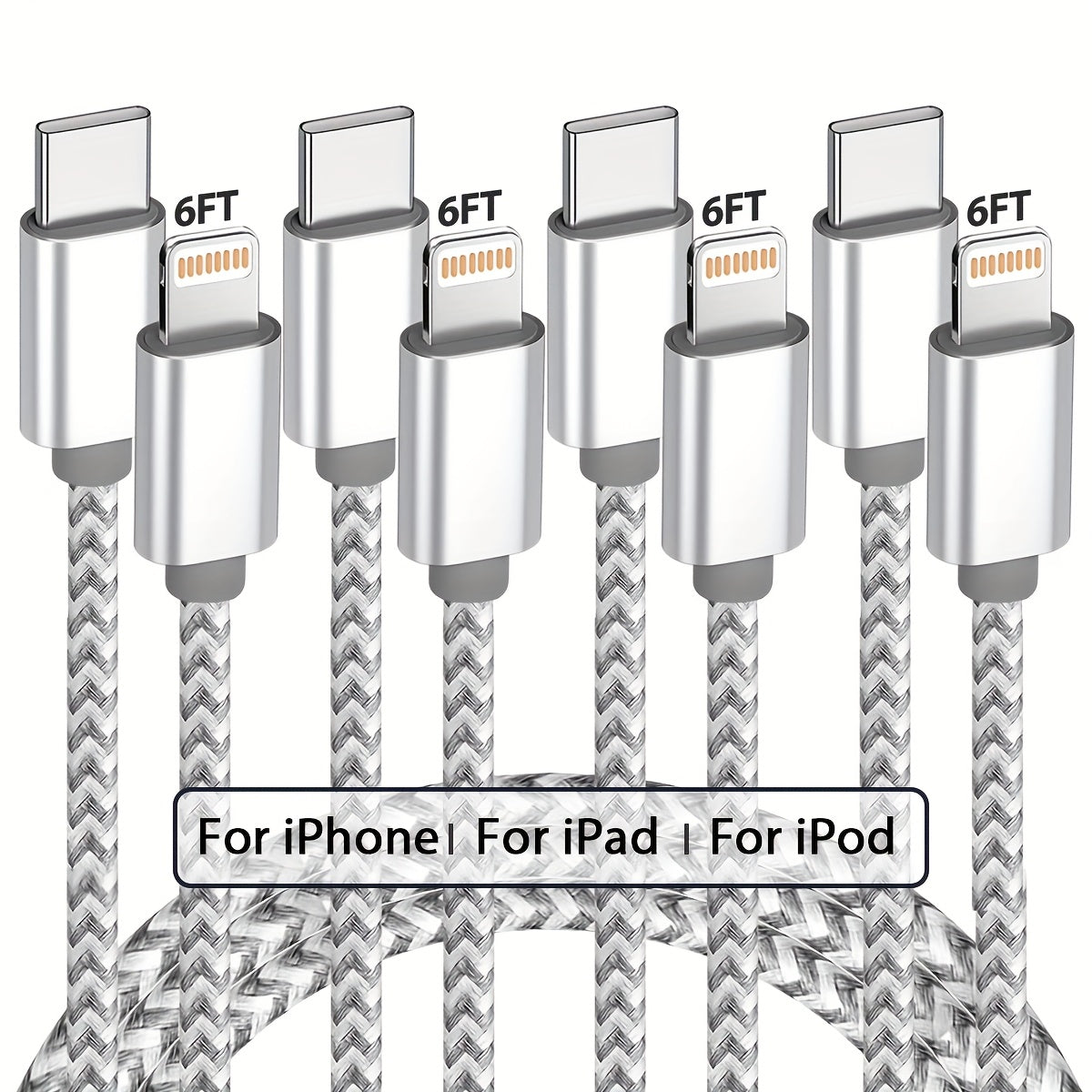 USB-C to Lightning Cable 1/2/3/4-Pack, 182.88cm Nylon Braided C-Type Fast Charging Cable for iPhone Charger, Compatible with iPhone 14/13/12/11 Pro Max in Gray and White