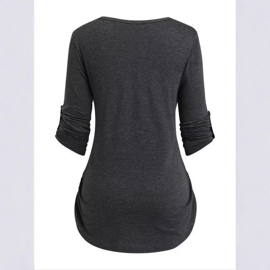Solid Color Round Neck Long Sleeve Button Casual Beautiful Shirt Cute