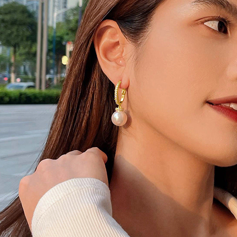 European And American Temperament Imitation Pearl Exquisite Inlaid Zircon Earrings