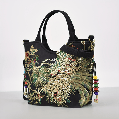 Wo 'S Embroidered Satchel Bag, Fashion Double Handle Purse, Retro Style Handbag with Removable Strap