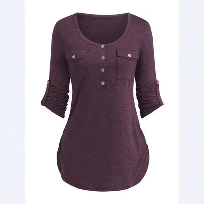 Solid Color Round Neck Long Sleeve Button Casual Beautiful Shirt Cute