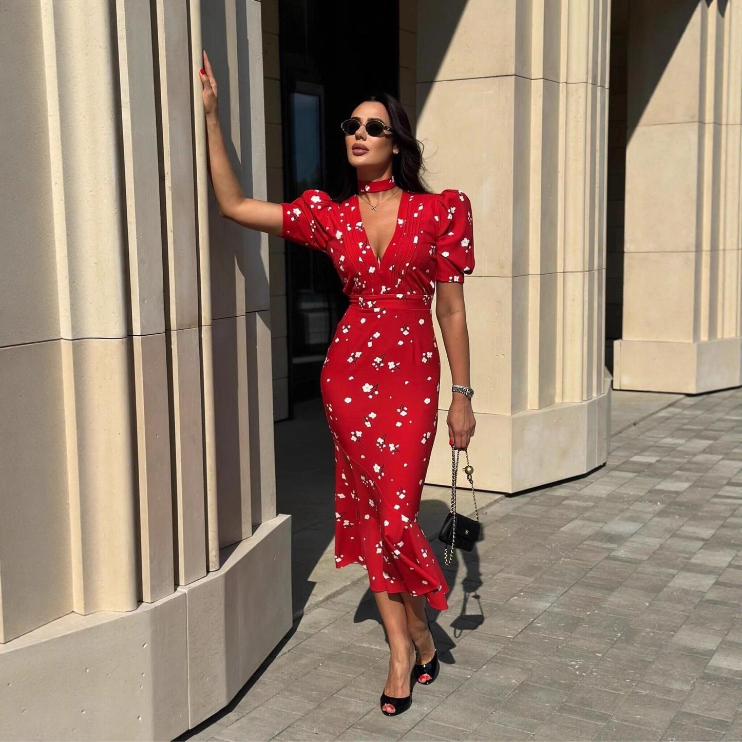 Summer New French-style Sweet Design Slim-fit Puff-sleeve Floral Print Dress