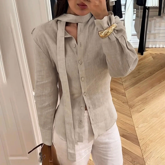 New Lace-up Waist Cotton And Linen Ribbon Shirt Women's Design Sense