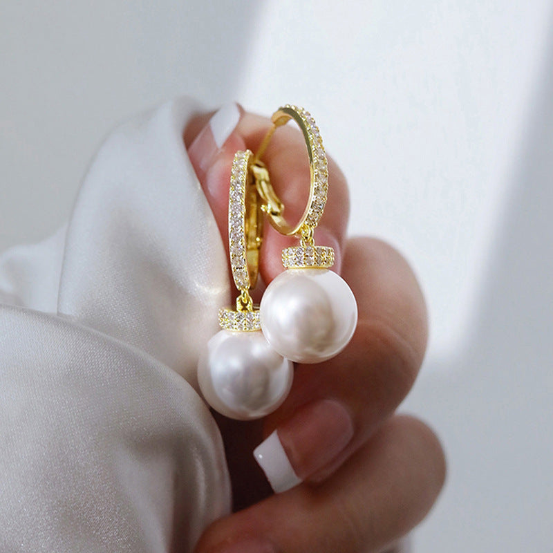 European And American Temperament Imitation Pearl Exquisite Inlaid Zircon Earrings