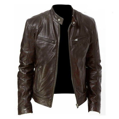 Men's Zip-up Cardigan PU Leather Jacket Fashion Pockets Stand Collar Short Tops Clothing