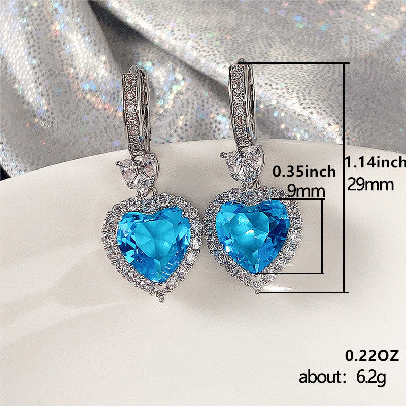 Aqua Blue Red Stone Heart Shaped Wedding Earrings For Women Eternity Love Earrings Engagement Accessories Fashion Jewelry