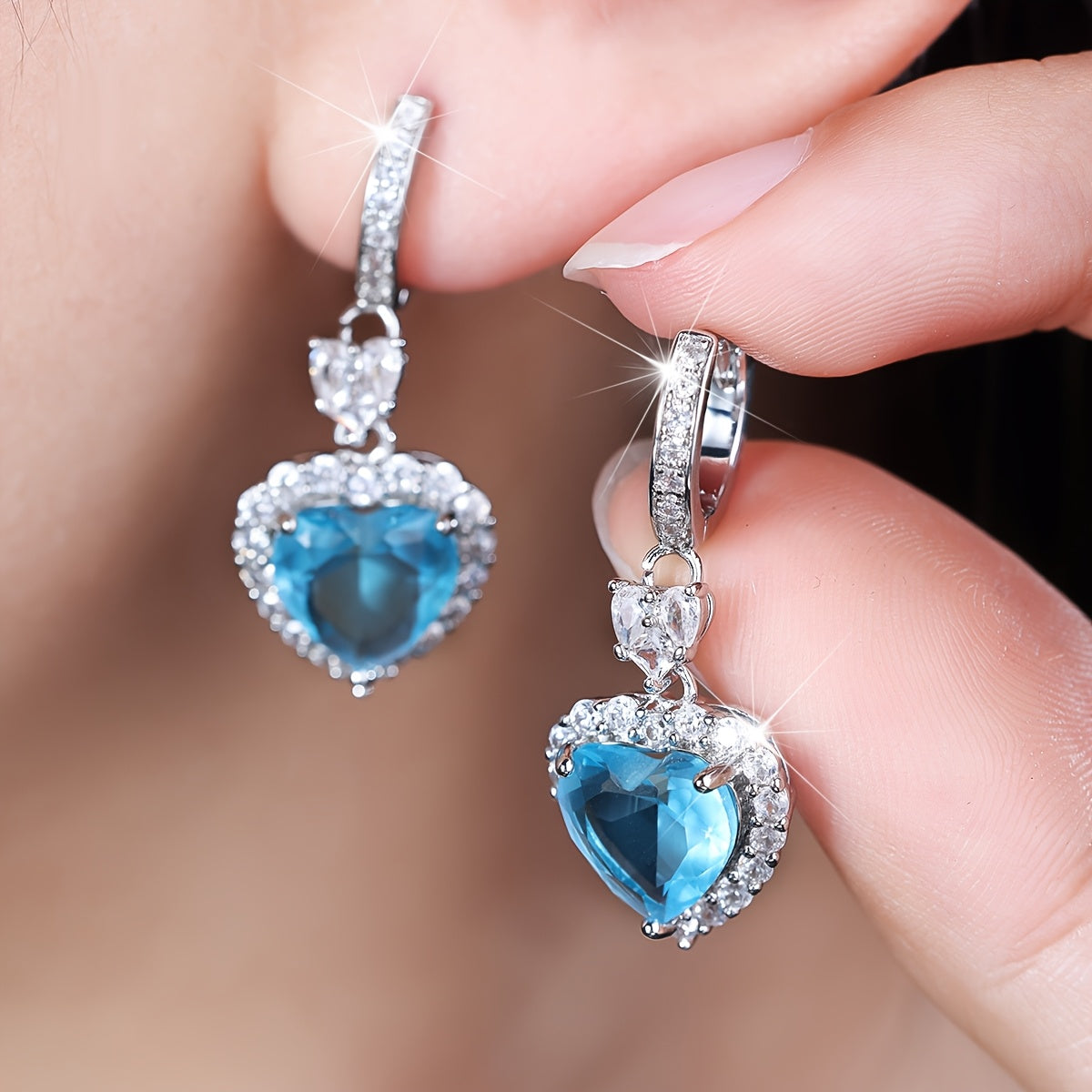 Aqua Blue Red Stone Heart Shaped Wedding Earrings For Women Eternity Love Earrings Engagement Accessories Fashion Jewelry