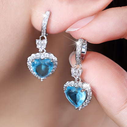 Aqua Blue Red Stone Heart Shaped Wedding Earrings For Women Eternity Love Earrings Engagement Accessories Fashion Jewelry