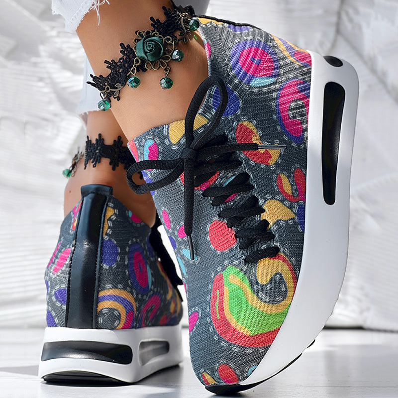 Women's Random Print Side Lace-Up Elastic Sport Shoes, Comfortable Slip-On Sneakers For Women, Casual Daily Wear Footwear