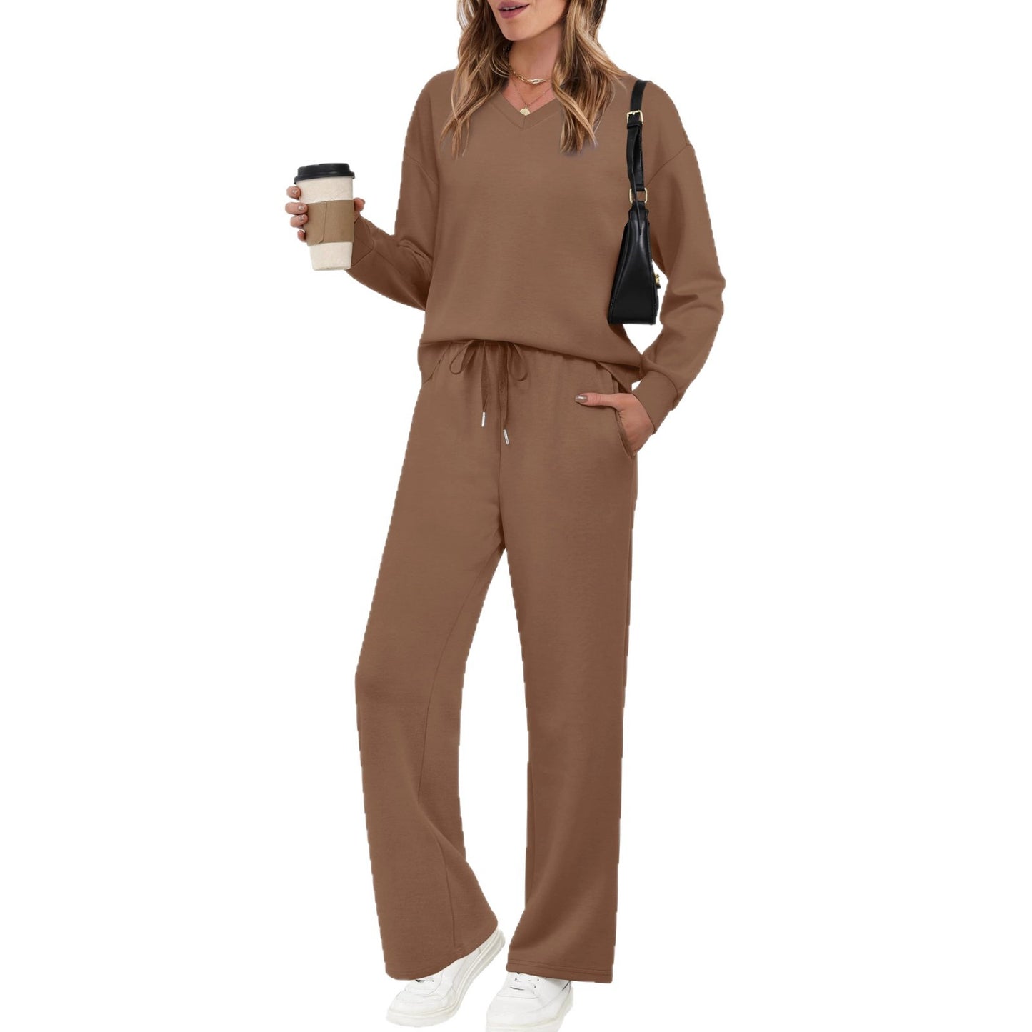 Long-sleeve Drawstring Solid-color Casual Pants Set