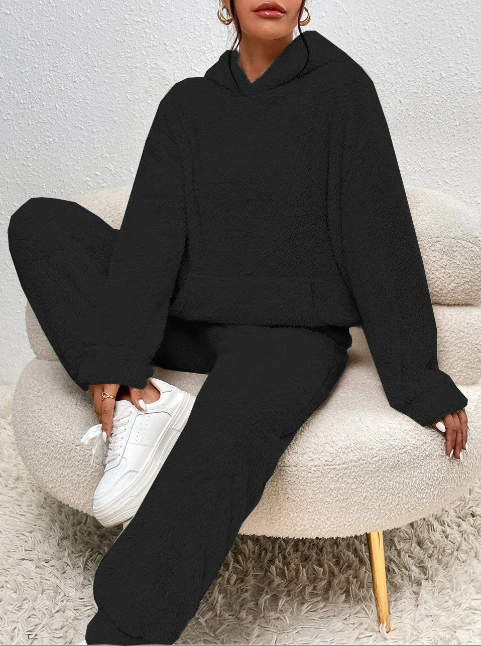 Winter Plush Pajama Set Fashion Casual Hooded Top And Elastic Band Pants Warm Sofa Carpet Home Clothes Women's Trousers Set Clothing