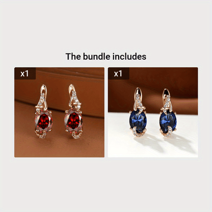 [18K Gold Plated Earrings] 18K Gold Plated Blue Stone Stud Earrings | Trendy Round Oval Cut White Blue Red Pink Stone Drop Earrings | Anniversary Claw Earrings Jewelry for Women
