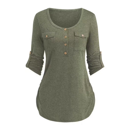 Solid Color Round Neck Long Sleeve Button Casual Beautiful Shirt Cute