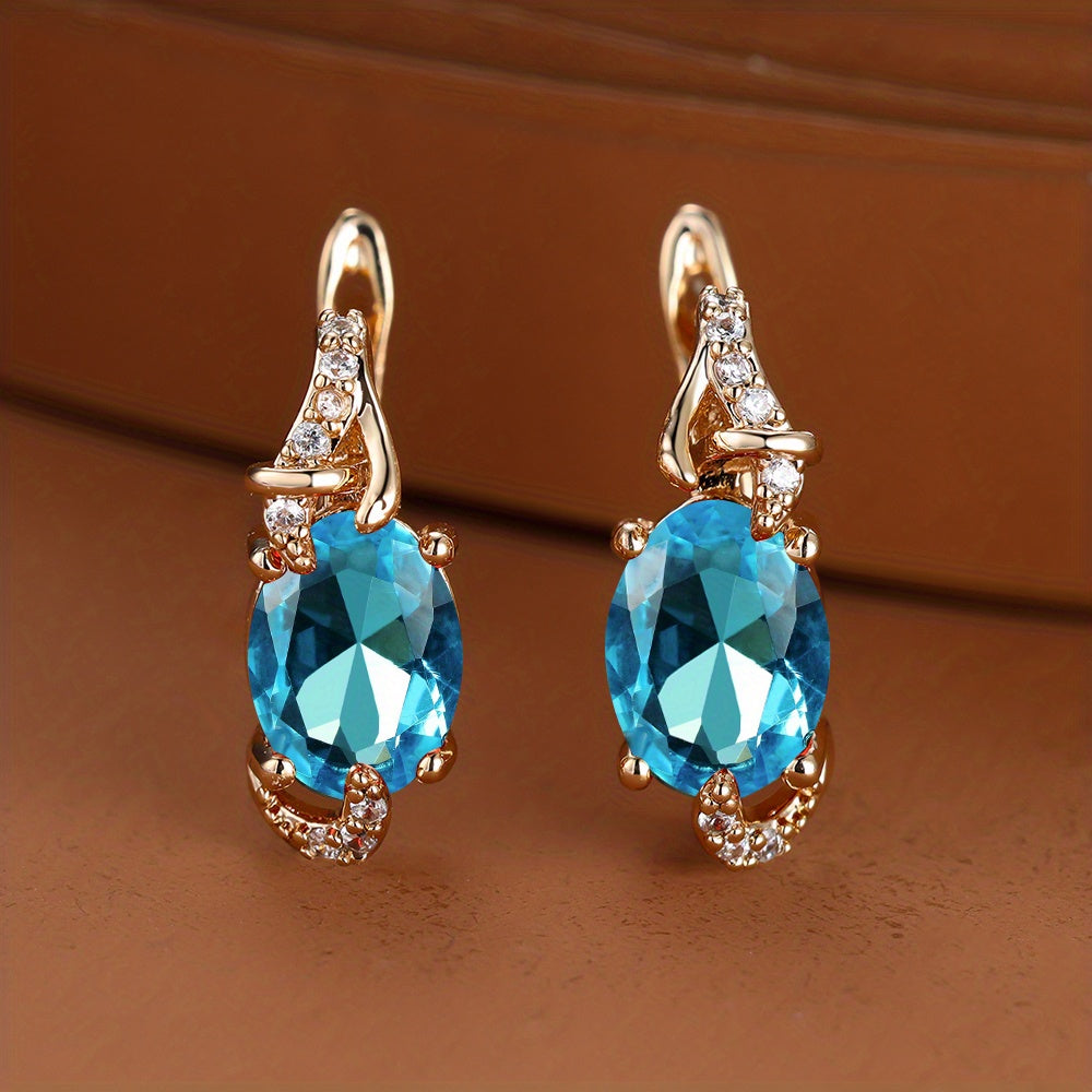 [18K Gold Plated Earrings] 18K Gold Plated Blue Stone Stud Earrings | Trendy Round Oval Cut White Blue Red Pink Stone Drop Earrings | Anniversary Claw Earrings Jewelry for Women