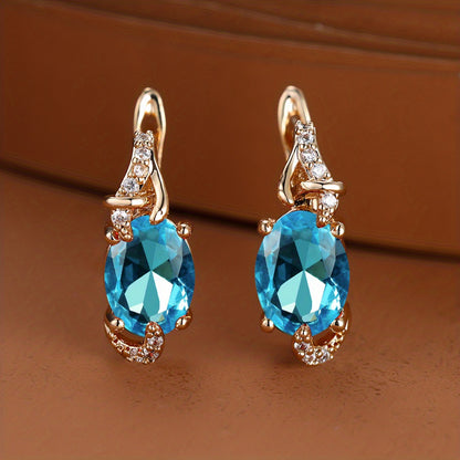 [18K Gold Plated Earrings] 18K Gold Plated Blue Stone Stud Earrings | Trendy Round Oval Cut White Blue Red Pink Stone Drop Earrings | Anniversary Claw Earrings Jewelry for Women