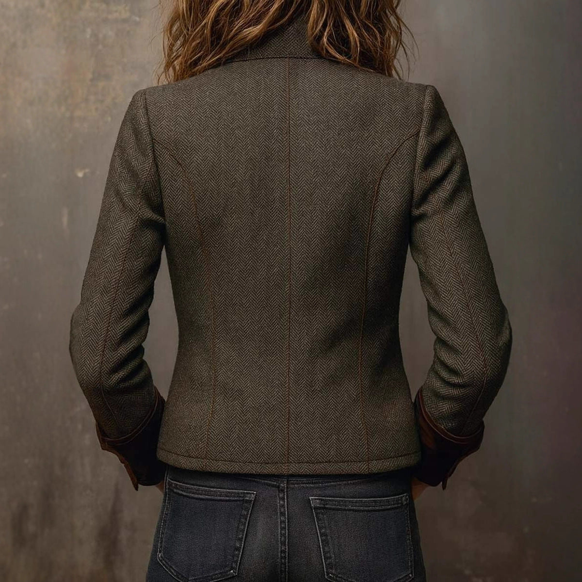 Vintage Herringbone Pattern Tweed Blazer With Velvet Trim