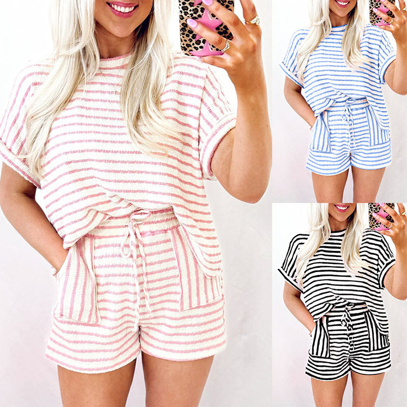 Summer Womens Crew Neck Pullover Short Sleeve Top And Drawstring Shorts Striped Set