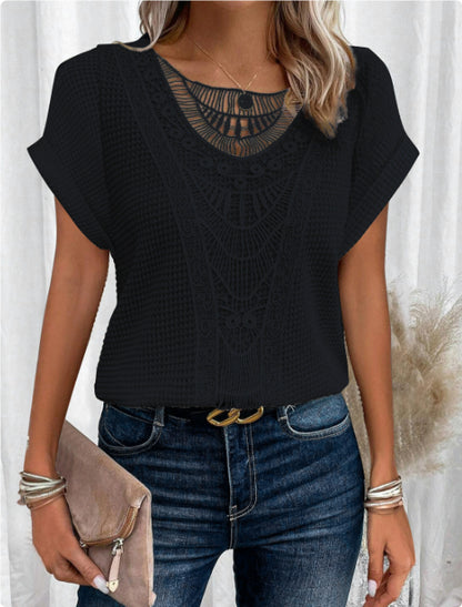 Summer Hollow Out Short-sleeved T-shirt Fashion Ethnic Style Tops Women's Clothing