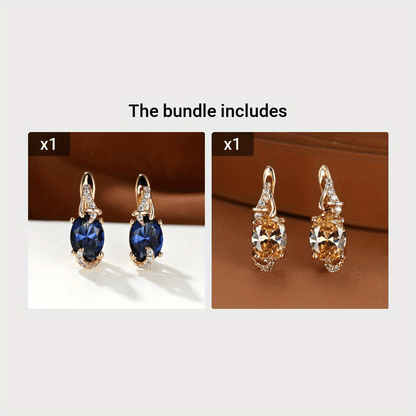 [18K Gold Plated Earrings] 18K Gold Plated Blue Stone Stud Earrings | Trendy Round Oval Cut White Blue Red Pink Stone Drop Earrings | Anniversary Claw Earrings Jewelry for Women