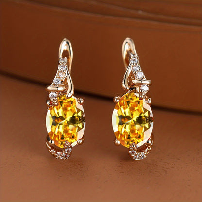 [18K Gold Plated Earrings] 18K Gold Plated Blue Stone Stud Earrings | Trendy Round Oval Cut White Blue Red Pink Stone Drop Earrings | Anniversary Claw Earrings Jewelry for Women