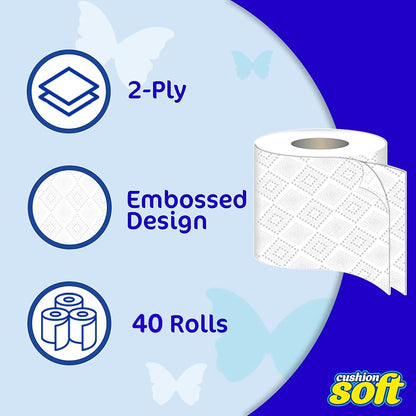 Cushion Soft Quilted Toilet Tissue Embossed 2-Ply Toilet Paper Strong, Unscented, Sustainably Sourced Bulk Pack 40