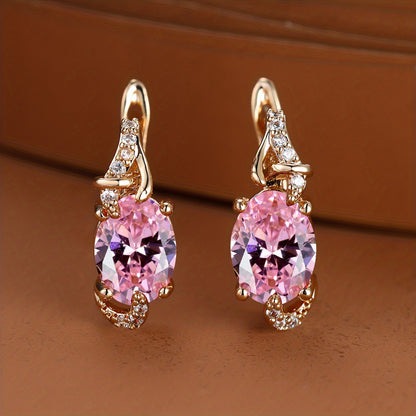 [18K Gold Plated Earrings] 18K Gold Plated Blue Stone Stud Earrings | Trendy Round Oval Cut White Blue Red Pink Stone Drop Earrings | Anniversary Claw Earrings Jewelry for Women