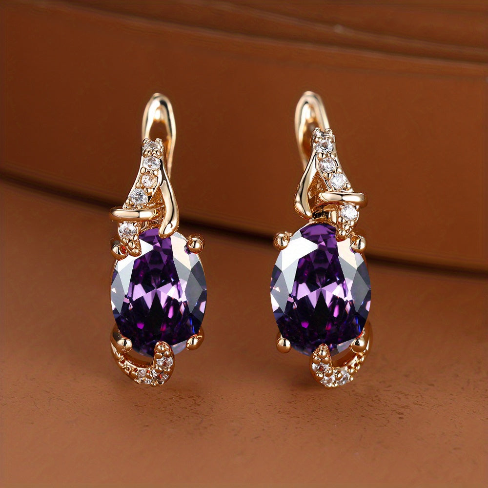 [18K Gold Plated Earrings] 18K Gold Plated Blue Stone Stud Earrings | Trendy Round Oval Cut White Blue Red Pink Stone Drop Earrings | Anniversary Claw Earrings Jewelry for Women
