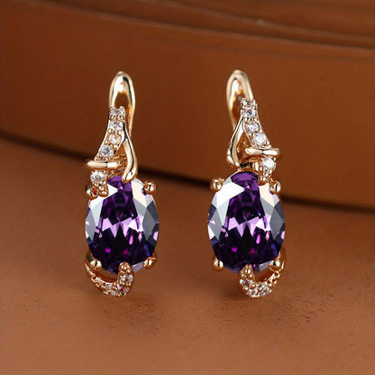 [18K Gold Plated Earrings] 18K Gold Plated Blue Stone Stud Earrings | Trendy Round Oval Cut White Blue Red Pink Stone Drop Earrings | Anniversary Claw Earrings Jewelry for Women