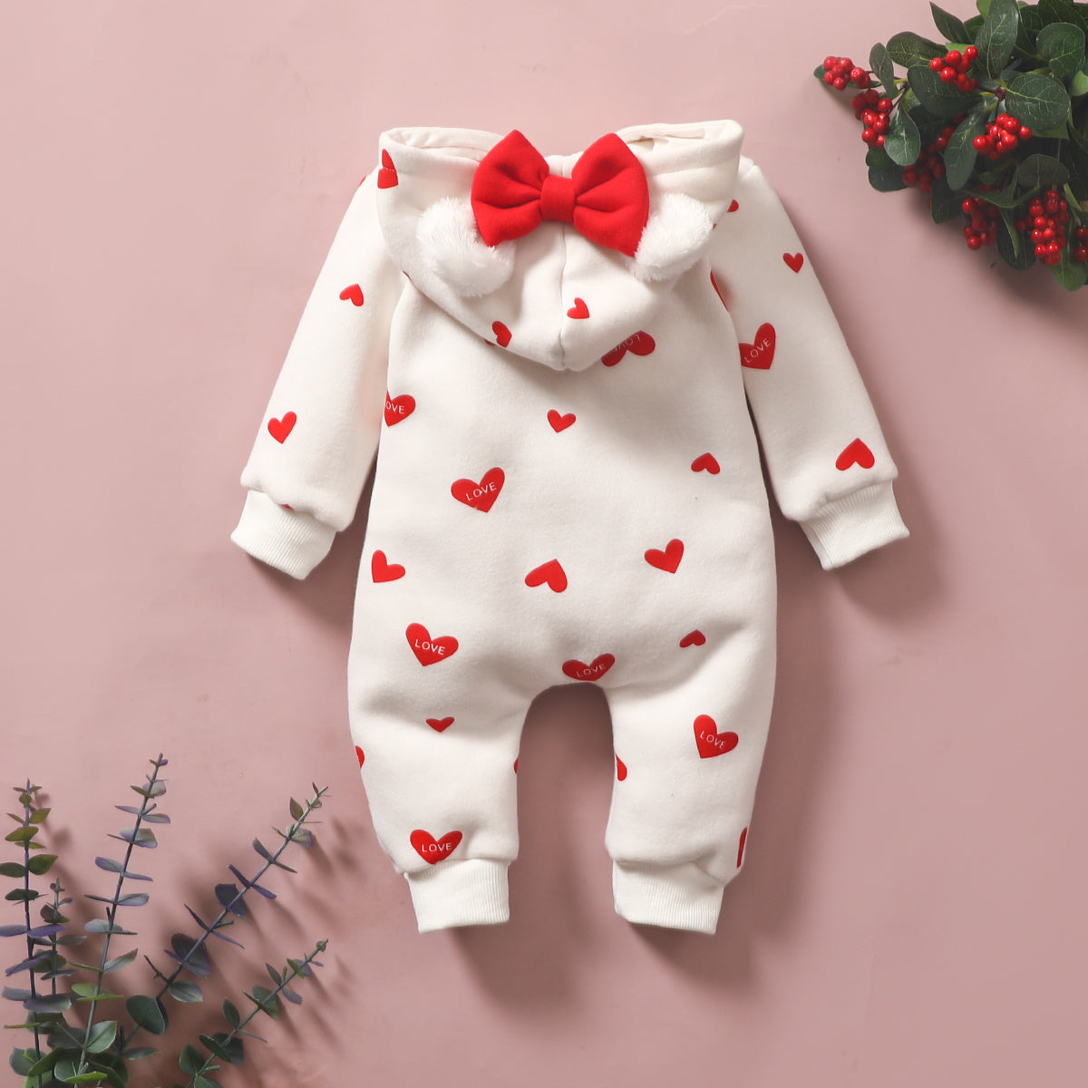 1pc Baby Girl'S Sweetheart-Themed Long-Sleeve Zip-Up Jumpsuit with Red Heart Print & Hood - Cozy Polyester, Ideal for Valentine'S Day, Infant Clothing|Playful Design|Zipup Jumpsuit, for Outdoor