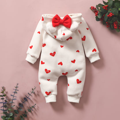 1pc Baby Girl'S Sweetheart-Themed Long-Sleeve Zip-Up Jumpsuit with Red Heart Print & Hood - Cozy Polyester, Ideal for Valentine'S Day, Infant Clothing|Playful Design|Zipup Jumpsuit, for Outdoor