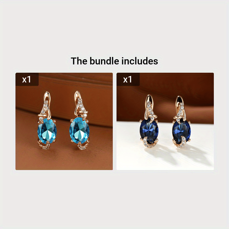 [18K Gold Plated Earrings] 18K Gold Plated Blue Stone Stud Earrings | Trendy Round Oval Cut White Blue Red Pink Stone Drop Earrings | Anniversary Claw Earrings Jewelry for Women