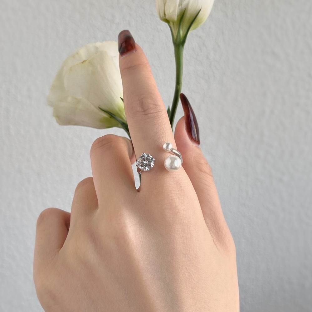 S925 Sterling Silver Women's Open Ring Zircon Pearl Inlaid Personality