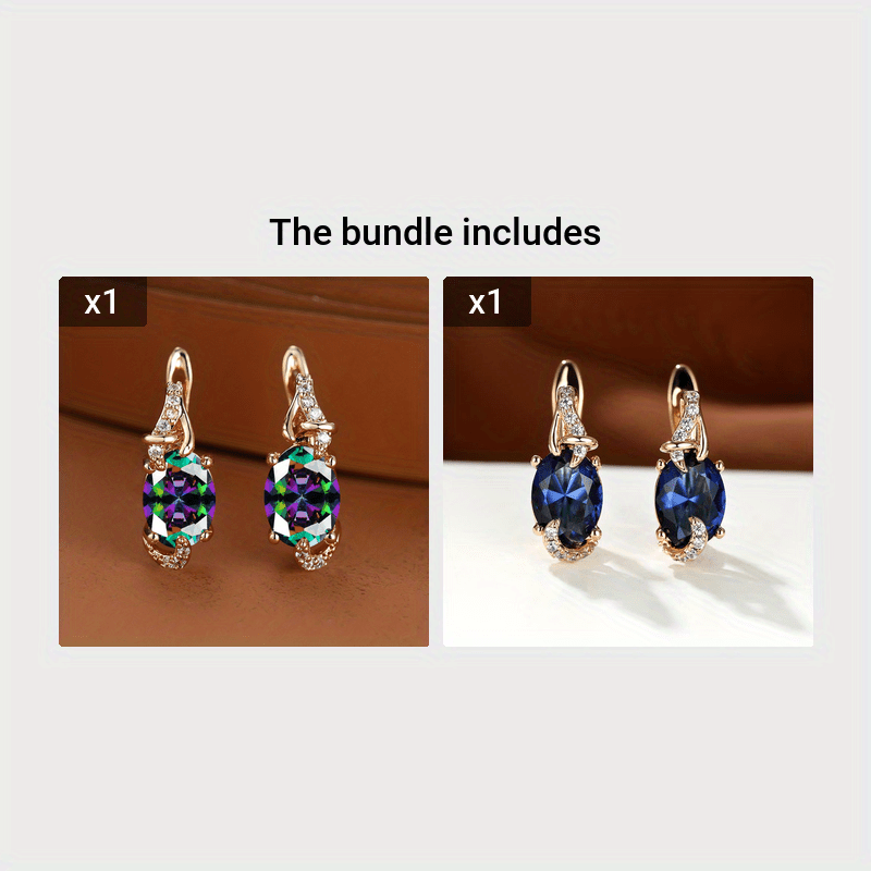 [18K Gold Plated Earrings] 18K Gold Plated Blue Stone Stud Earrings | Trendy Round Oval Cut White Blue Red Pink Stone Drop Earrings | Anniversary Claw Earrings Jewelry for Women
