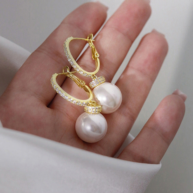 European And American Temperament Imitation Pearl Exquisite Inlaid Zircon Earrings