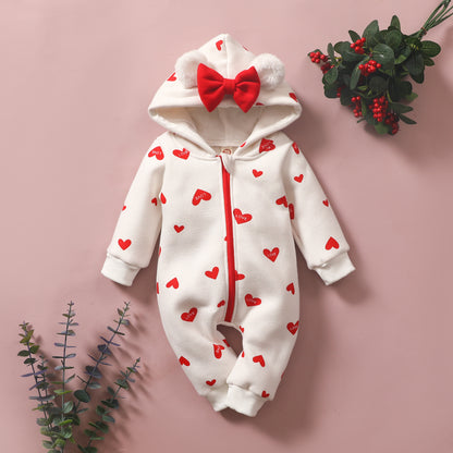 1pc Baby Girl'S Sweetheart-Themed Long-Sleeve Zip-Up Jumpsuit with Red Heart Print & Hood - Cozy Polyester, Ideal for Valentine'S Day, Infant Clothing|Playful Design|Zipup Jumpsuit, for Outdoor