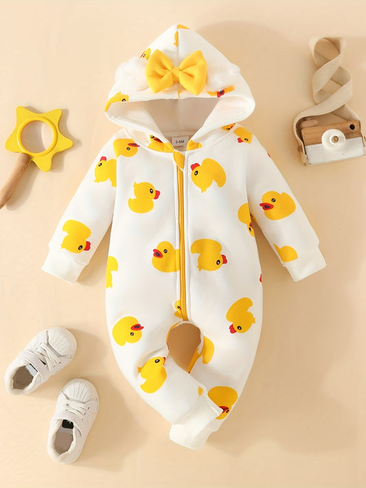 1pc Baby Girl'S Sweetheart-Themed Long-Sleeve Zip-Up Jumpsuit with Red Heart Print & Hood - Cozy Polyester, Ideal for Valentine'S Day, Infant Clothing|Playful Design|Zipup Jumpsuit, for Outdoor