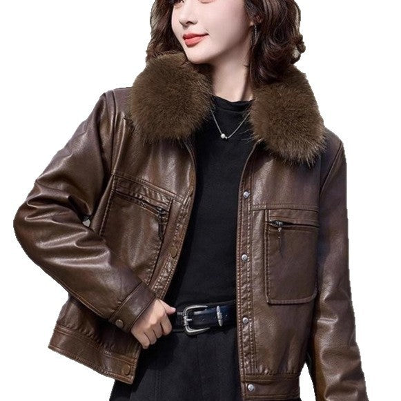 Fleece-lined Thickened Western Style Fashion Short Lapel PU Women's Coat