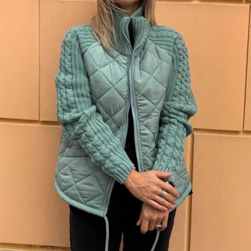 Winter Stand Collar Cotton Jacket With Pockets Fashion Knitted Stitching Zipper Coat Warm Tops For Women Clothing
