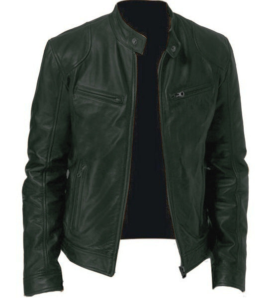 Men's Zip-up Cardigan PU Leather Jacket Fashion Pockets Stand Collar Short Tops Clothing