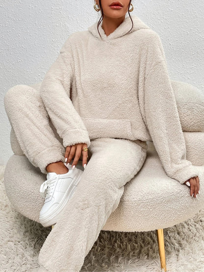 Winter Plush Pajama Set Fashion Casual Hooded Top And Elastic Band Pants Warm Sofa Carpet Home Clothes Women's Trousers Set Clothing