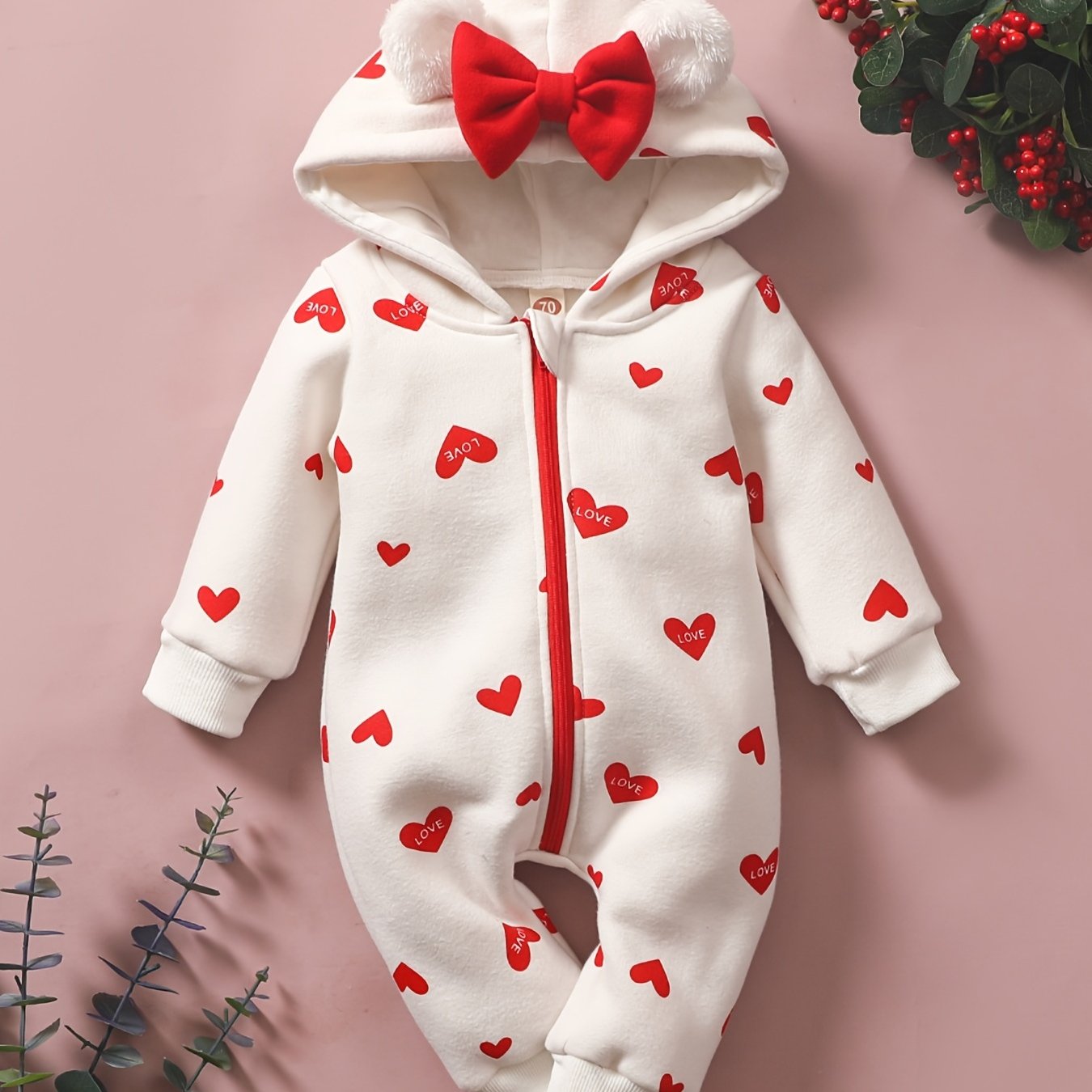 1pc Baby Girl'S Sweetheart-Themed Long-Sleeve Zip-Up Jumpsuit with Red Heart Print & Hood - Cozy Polyester, Ideal for Valentine'S Day, Infant Clothing|Playful Design|Zipup Jumpsuit, for Outdoor