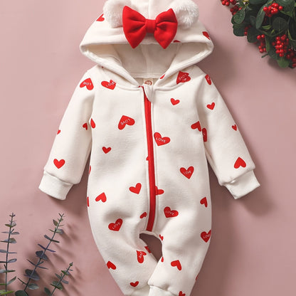 1pc Baby Girl'S Sweetheart-Themed Long-Sleeve Zip-Up Jumpsuit with Red Heart Print & Hood - Cozy Polyester, Ideal for Valentine'S Day, Infant Clothing|Playful Design|Zipup Jumpsuit, for Outdoor