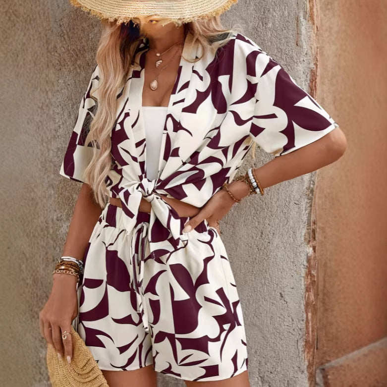 Summer New Arrival Printed Short Sleeve Cardigan And Shorts Two Piece Set
