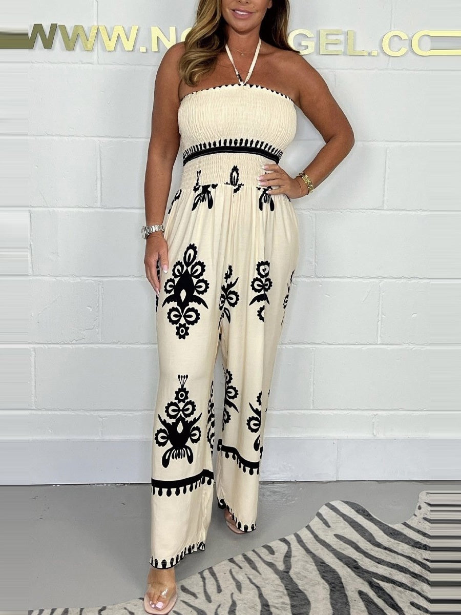 Summer Womens New Fashionable Printed Tube Top Jumpsuit With Wide-Leg Pants